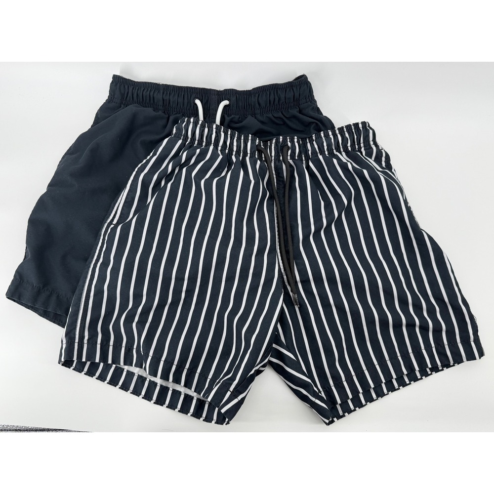 H&M Mens Swim Trunks Lot of 2 Black Solid and Striped Board Shorts Size Small
